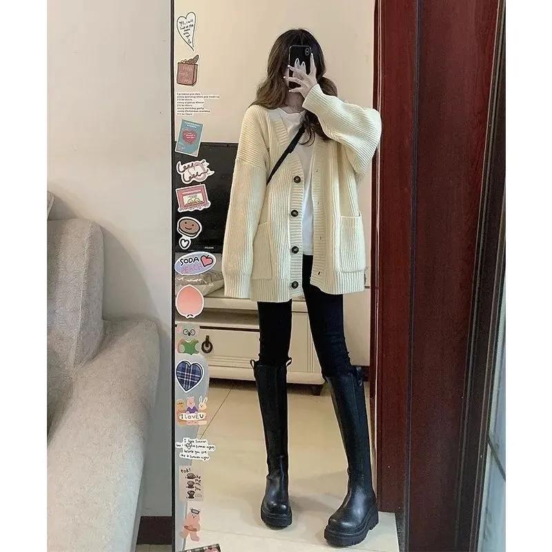 

Women Spring and Autumn Loose Cardigan Long Sleeve V-neck Knitted Coats Korean Style Solid Baggy Tops 2XL бежевий