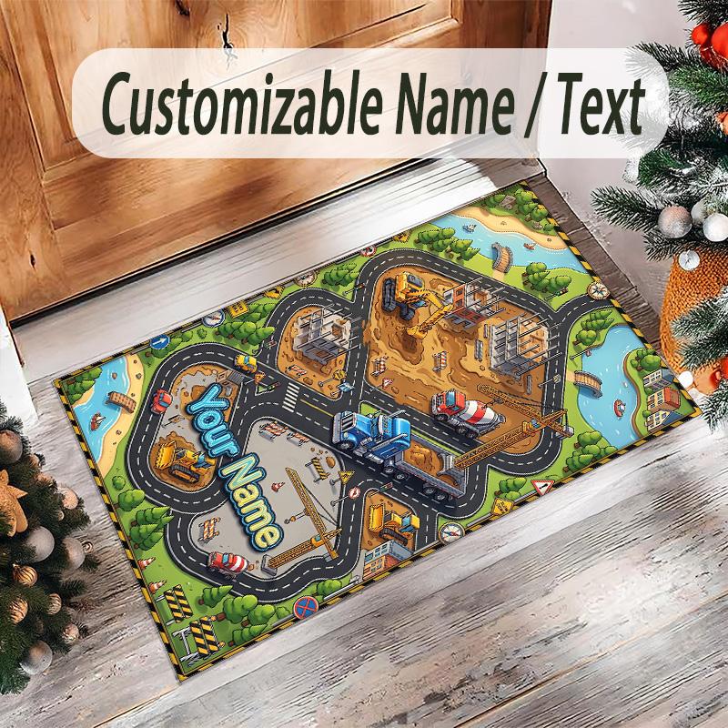 Construction Vehicles Theme Crystal Velvet Rug Personalized Custom Name Text Soft Floor Mat Home Decor