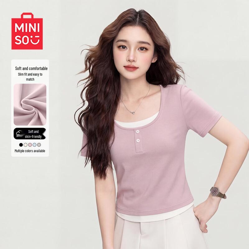 MINISO Women's Faux Two-Piece Slim Short Sleeve T-Shirt
