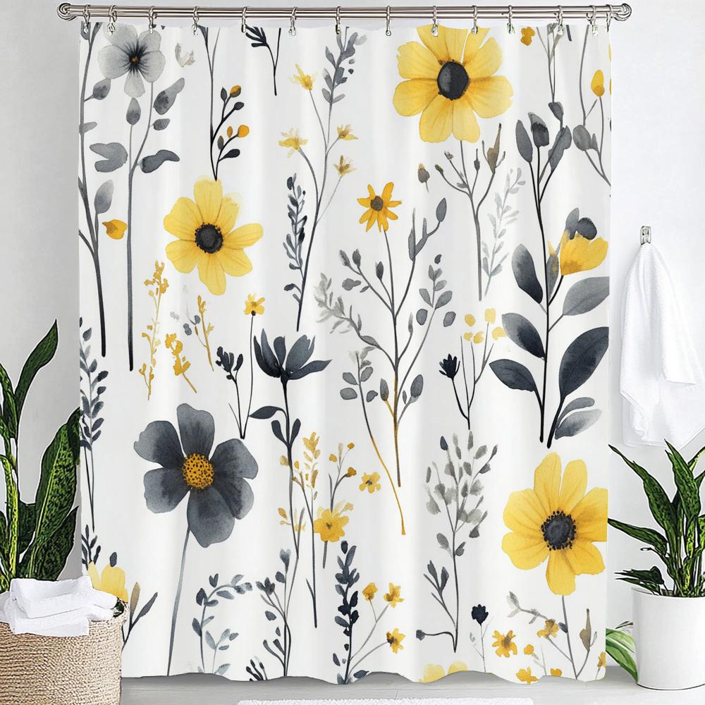 Elegant Blue Floral Print Waterproof Shower Curtain Partition Privacy Hanging Curtain With Hooks Multiple Size Machine Washable