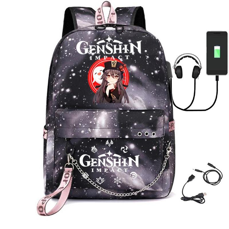 Printed Iron Chain Usbgenshinimpact Yuanshen Backpack Leisure Middle School Student Travel School Bag