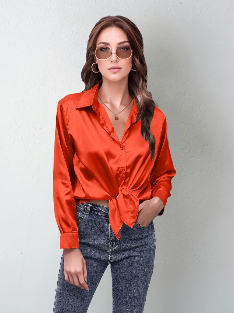23 Colors Satin Long Sleeve Women's Shirt with Lapel - European & American Style