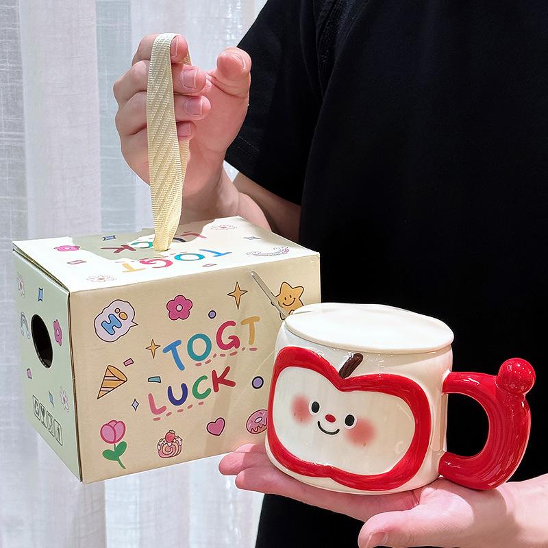 Cute Apple Ceramic Mug with Lid Spoon Men and Women High Looking Couples Office and Household Drinking Water Birthday Gift