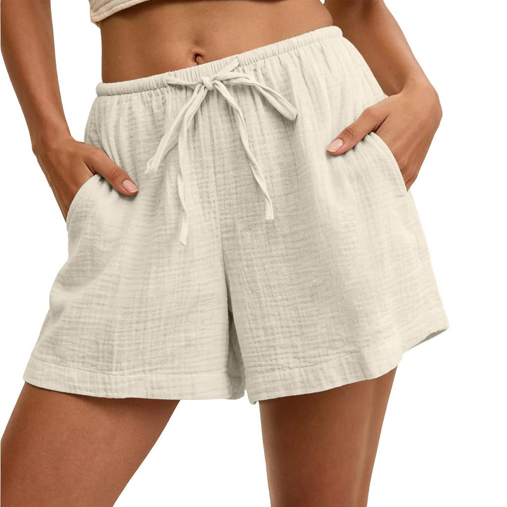 Women's Casual Drawstring Waist Shorts with Pockets Lightweight Cotton Linen Blend Relaxed Fit Summer Beachwear Bottoms
