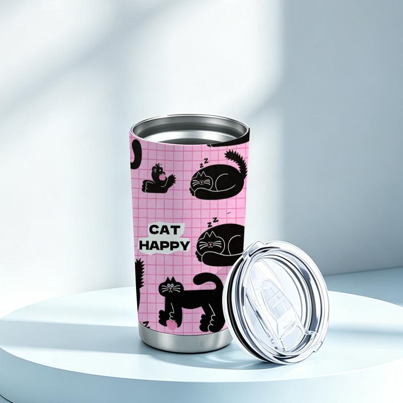 Car Tumbler 591ml(1 Random Straw Included)Multi-Pose Pink Plaid Black Cat MotifVacuum Insulated Cup Large Iced Cup Creative Gift Cup