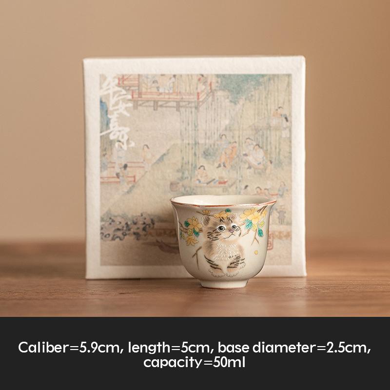 Chinese Tradition Ru Kiln Ceramic Tea Cup Hand-painted Cute Cat Flower Tea Bowl Handmade Teacup Exquisite Household Tea Set Gift