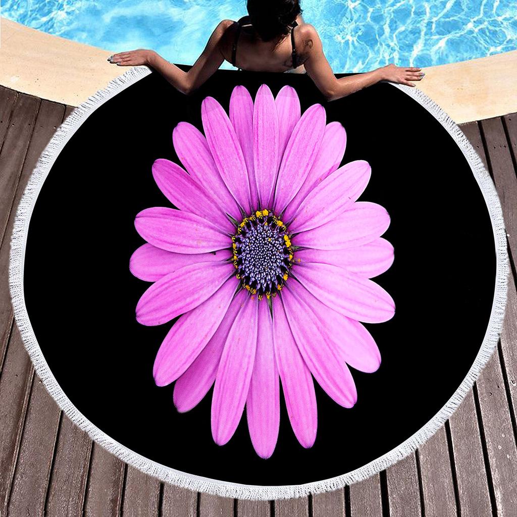 Floral Daisy Round Beach Towel,Microfiber Beach Blanket Sand Free Quick Dry Swim Pool Bath Circle Towel with Tassel for Teen Men