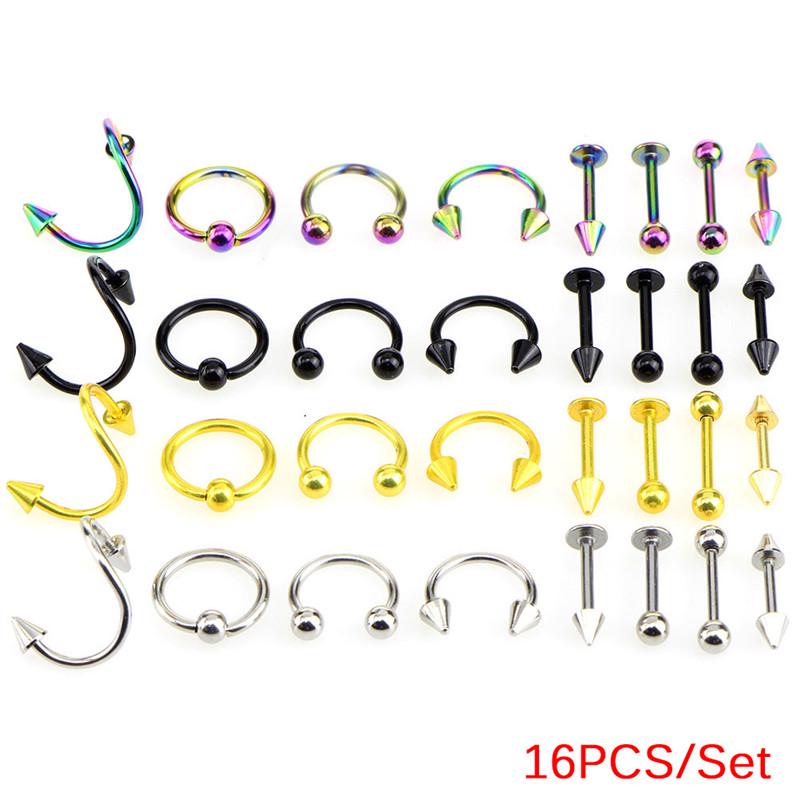 16 Pcs/Set Stainless Steel Spiral Belly Tongue Bar Ring Eyebrow Piercing Jewelry