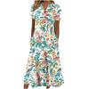 Women's V‑Neck Button Short Sleeve Midi Dress Loose Printed Casual Dress With Side Pockets