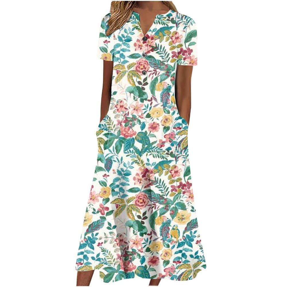 Women's V‑Neck Button Short Sleeve Midi Dress Loose Printed Casual Dress With Side Pockets
