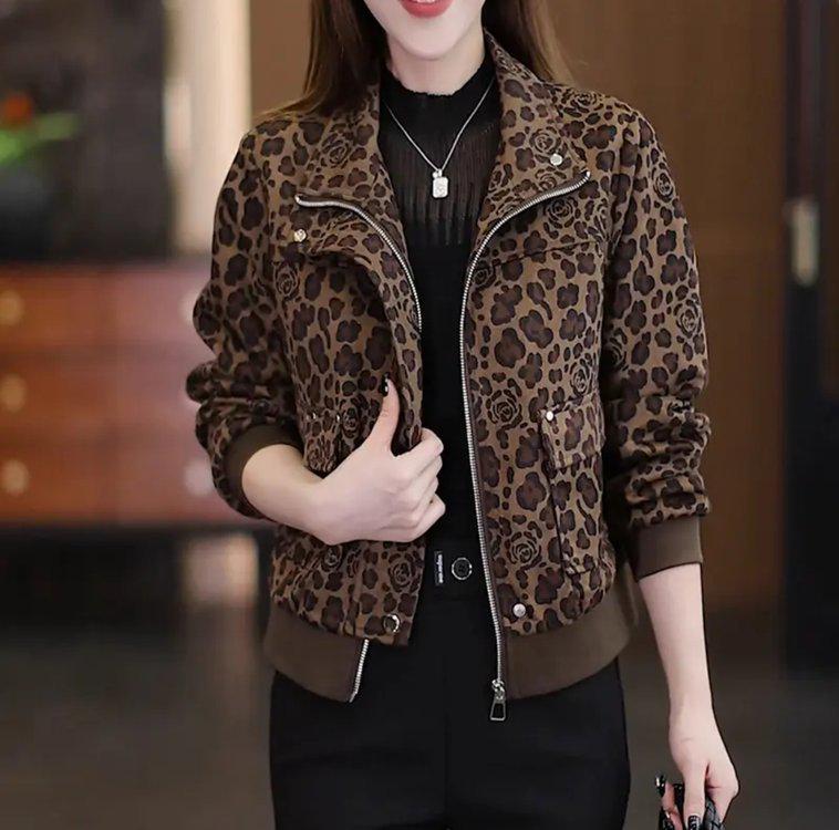 

Женская осенняя куртка с леопардовым принтом - Мода 2025, Свободный крой, Универсальный топ XL for 115-125 lbs кофейный/ярко-розовый