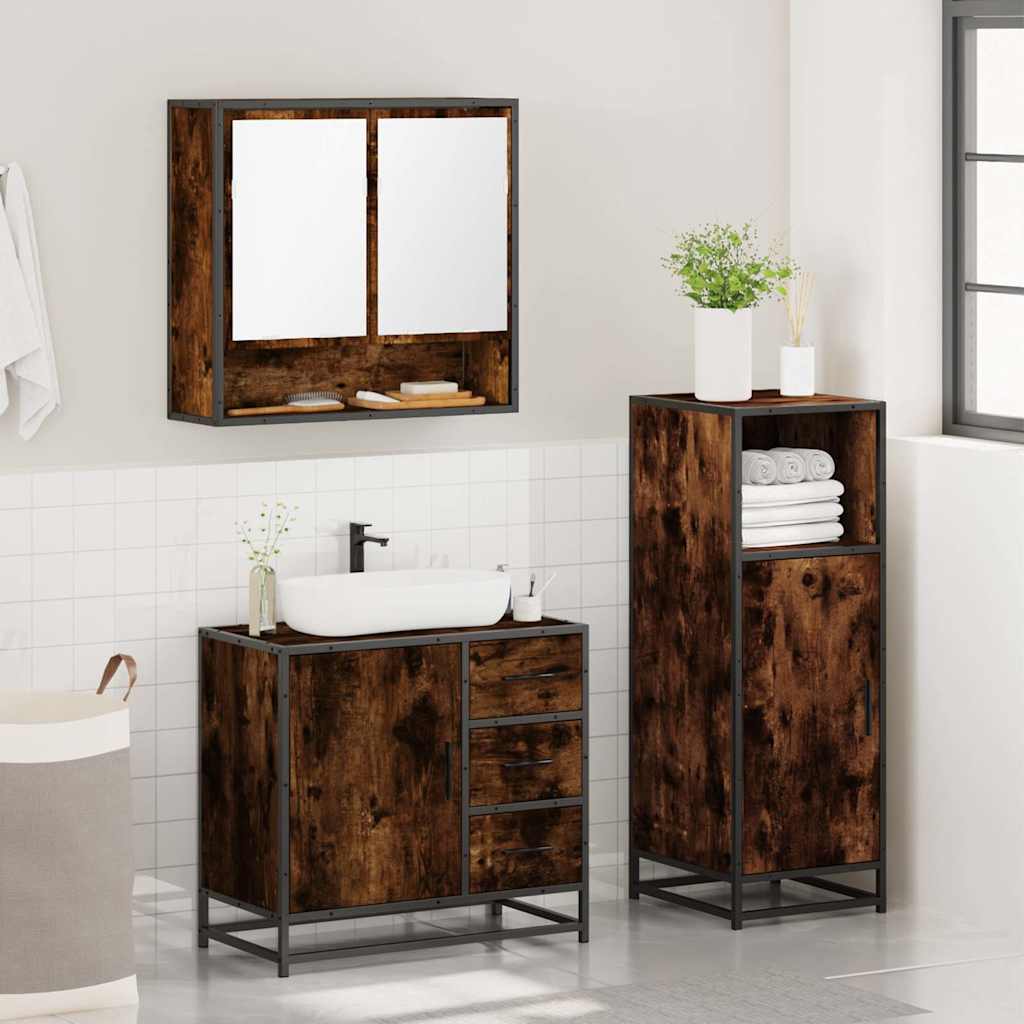 3 Piece Bathroom Furniture Set Smoked Oak Wood Based Material