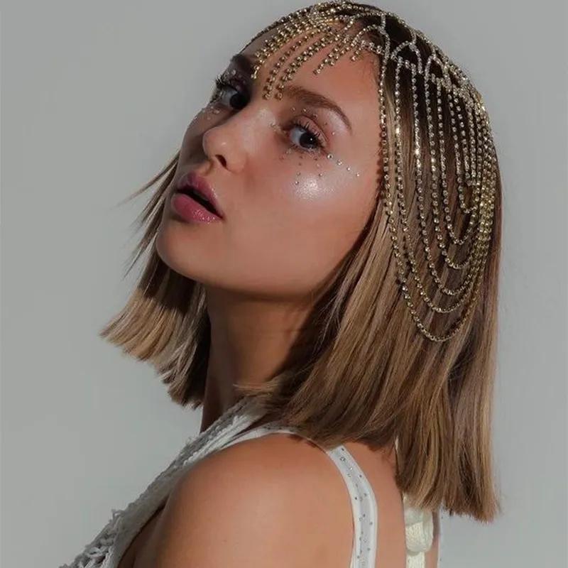 Luxury Elegant Tassel Forehead Headpiece Hollow Full Rhinestone Hat Evening Dress Jewelry Sexy Bridal Hair Chain Party