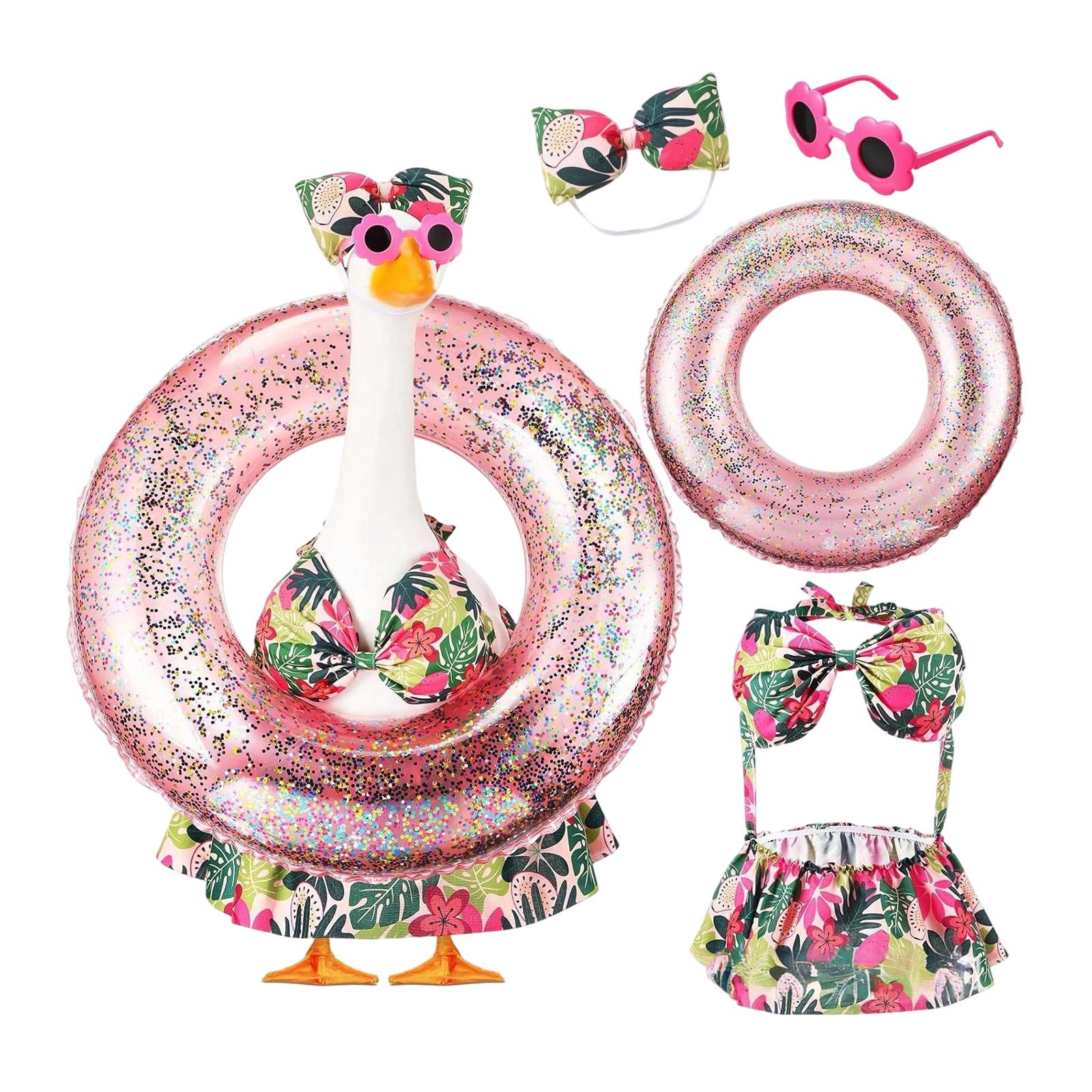 

Hawaiian Floral Porch Goose Outfit Set with Skirt Top Headband Sunglasses and Inflatable Swim Ring for Outdoor Decor One Size