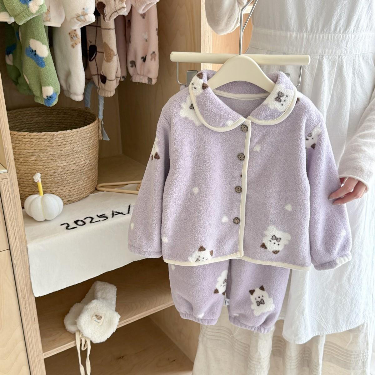 Children Winter Thick Snow Fleece Homewear Set Boys Girls Cardigan Pajamas Warm Flannel Long Sleeve 80cm
