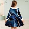 Girls Long Sleeve Green Gold Printed Faux Fur Collar Bow Waist A Line Flared Dress