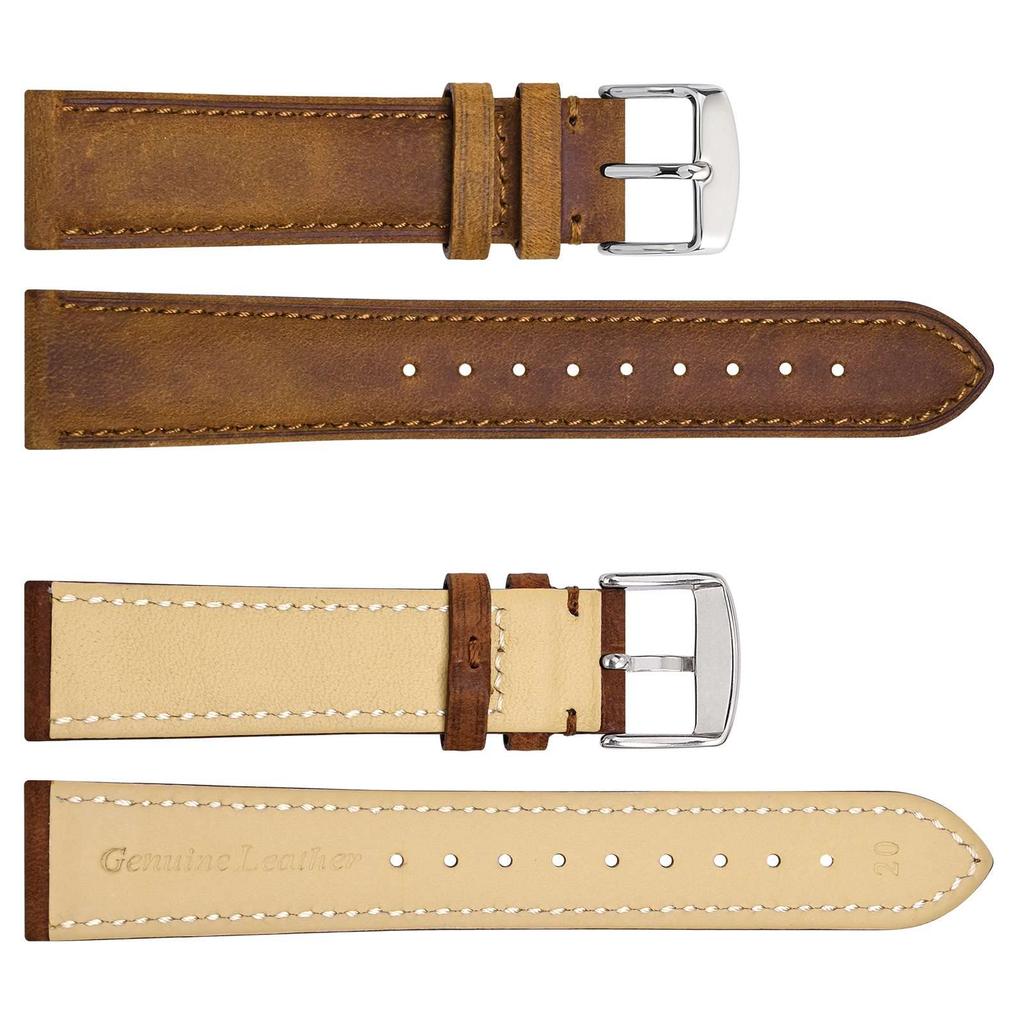 WOCCI Genuine Leather Watch Calf Replacement Buckle Band, 20mm, Leather, Strap, Brown/Silver