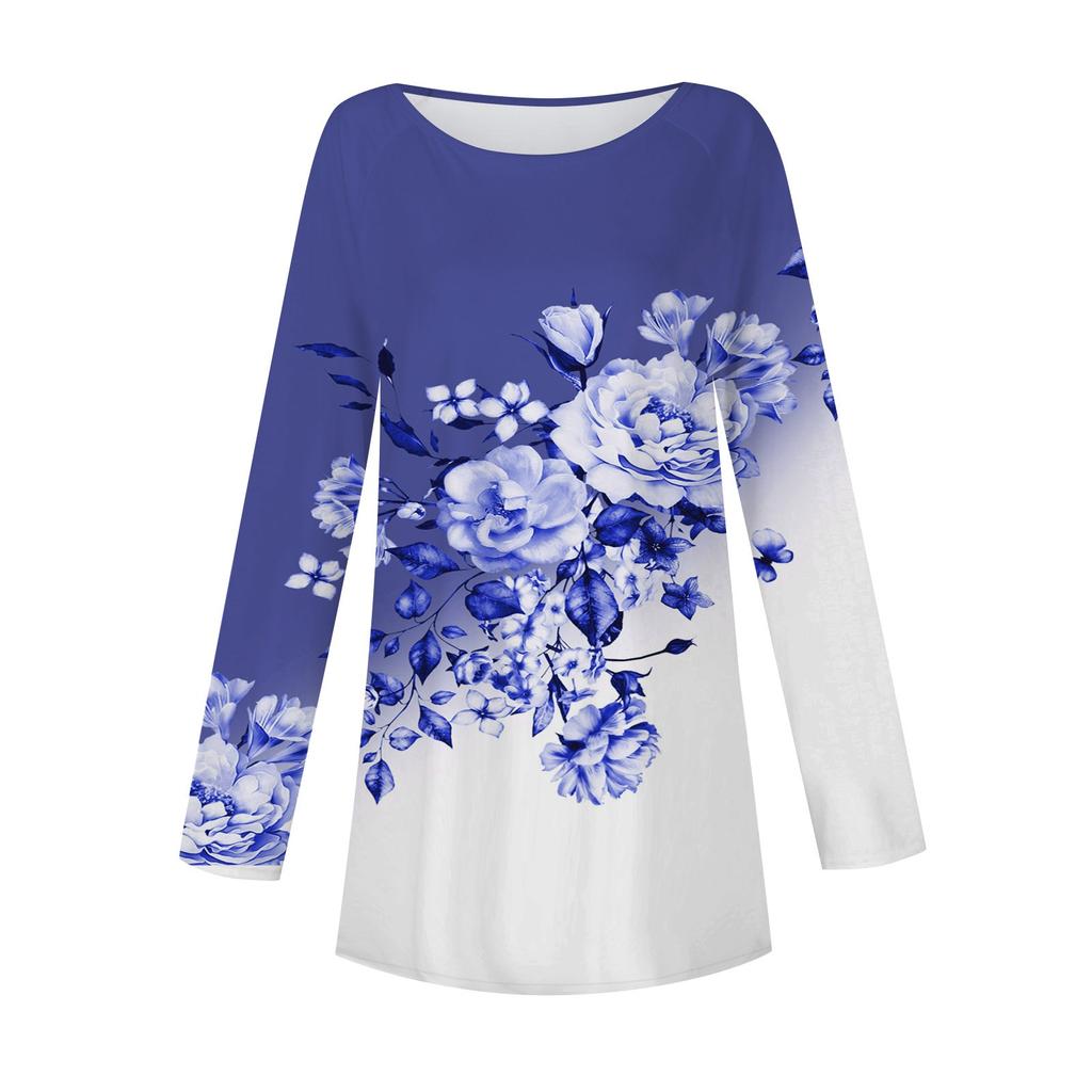 Women's Casual  Plus SizeLong Sleeved Round Neck Retro Flower Printing T-shirt Top Pullover