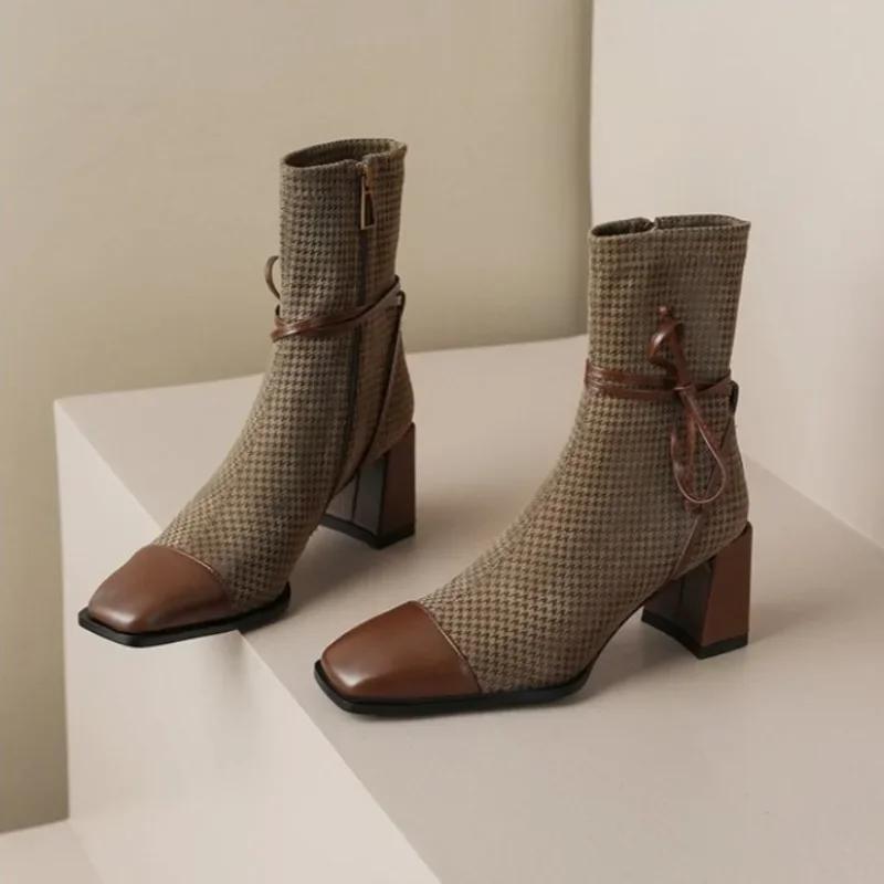 Fashion 2024 New French Style Square Toe Chunky Heel High Heeled Short Boots for Women Autumn Winter Single Boots Women Womens Boots
