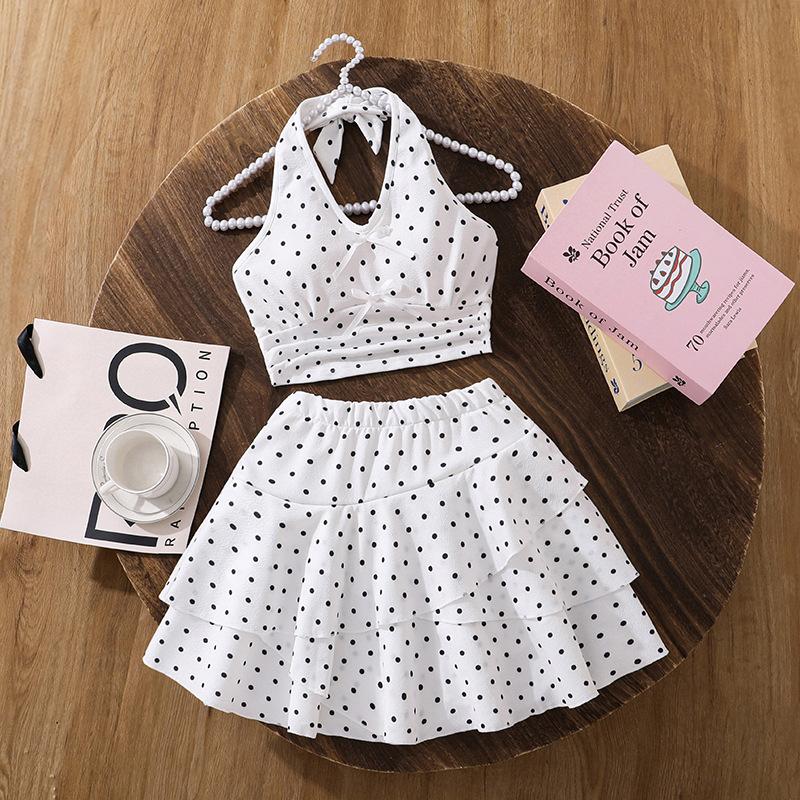 

Girls Fashionable Outfit - Summer Children s Sweet Polka Dot Sleeveless Neckless Top and Cake Skirt Set 130cm=8Y белый
