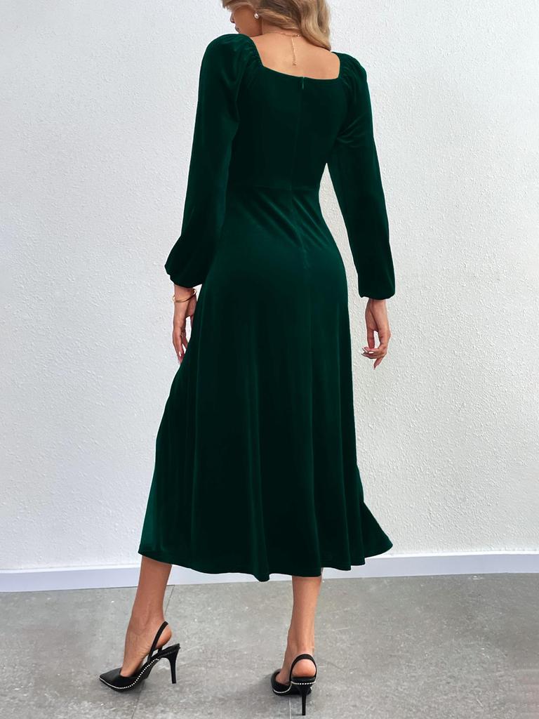 2024 European & American Women's Sexy Slit Velvet Dress with Square Neck & Puff Long Sleeves