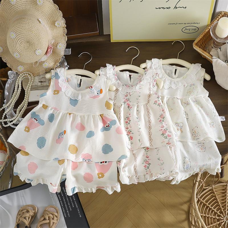 Baby Girl's Casual Clothing Set peter pan collar Sleeveless Dress Top + Shorts Set with Skirt 2PCS Set