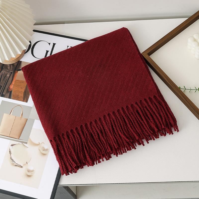 New model with solid color scarf women's autumn and winter thickened warm New Year's red scarf dual-purpose shawl