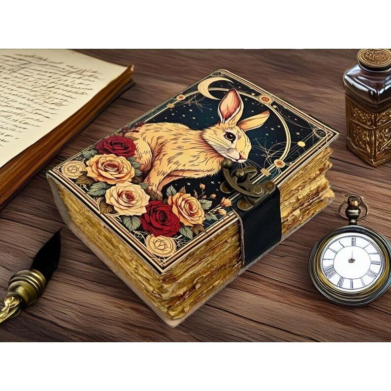 Handmade Leather Journal – Rabbit & Roses • Travel Diary / Sketchbook • Gift for Animal Lover