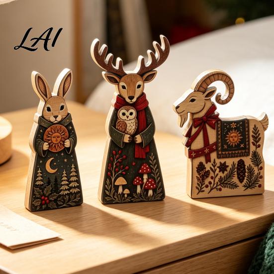 Rustic Christmas Table Decor Wooden Tabletop Decor Reindeer Animal Figurines Farmhouse Style Holiday Window Display Ornaments Tiered Tray Ornaments,