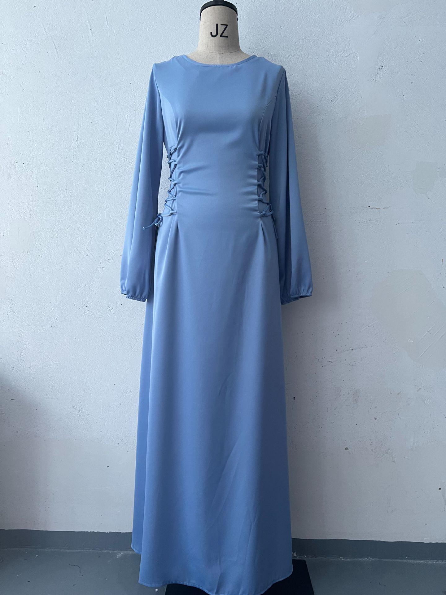 2024 Spring European & American Lace-Up Waist Puff Sleeve Long Dress Medium