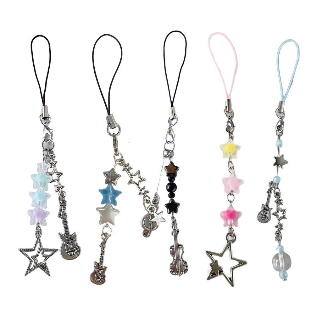 Unique Guitar Star Beaded Cellphone Charm Phone Chain Bag Pendatn Keychain Accessory for Music Enthusiasts