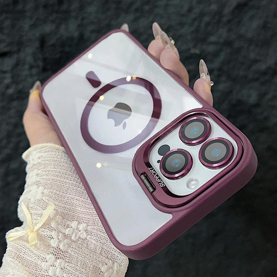 Fashion Ring Stand Magnetic Case For iPhone 16 15 14 Plus 13 12 11 Pro Max Case with Glass Lens Protector Phone Case for Magsafe