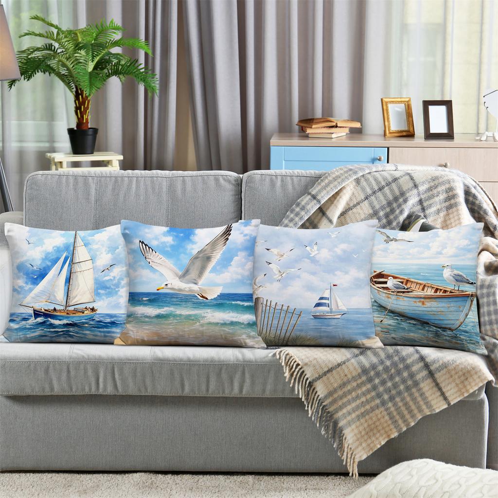 Watercolor Sailboat Seagull Digital Printing Pillow Cover Short Plush Suitable Living Rooms Bedrooms Sofas Throw Cushion Cover