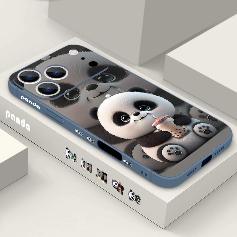 Milk Tea-drinking Panda Lanyard Case For iPhone 17 Pro Max Soft Silicone Cover For iPhone 16 Pro Max Funda iPhone 15 14 13 12 11 16E Air