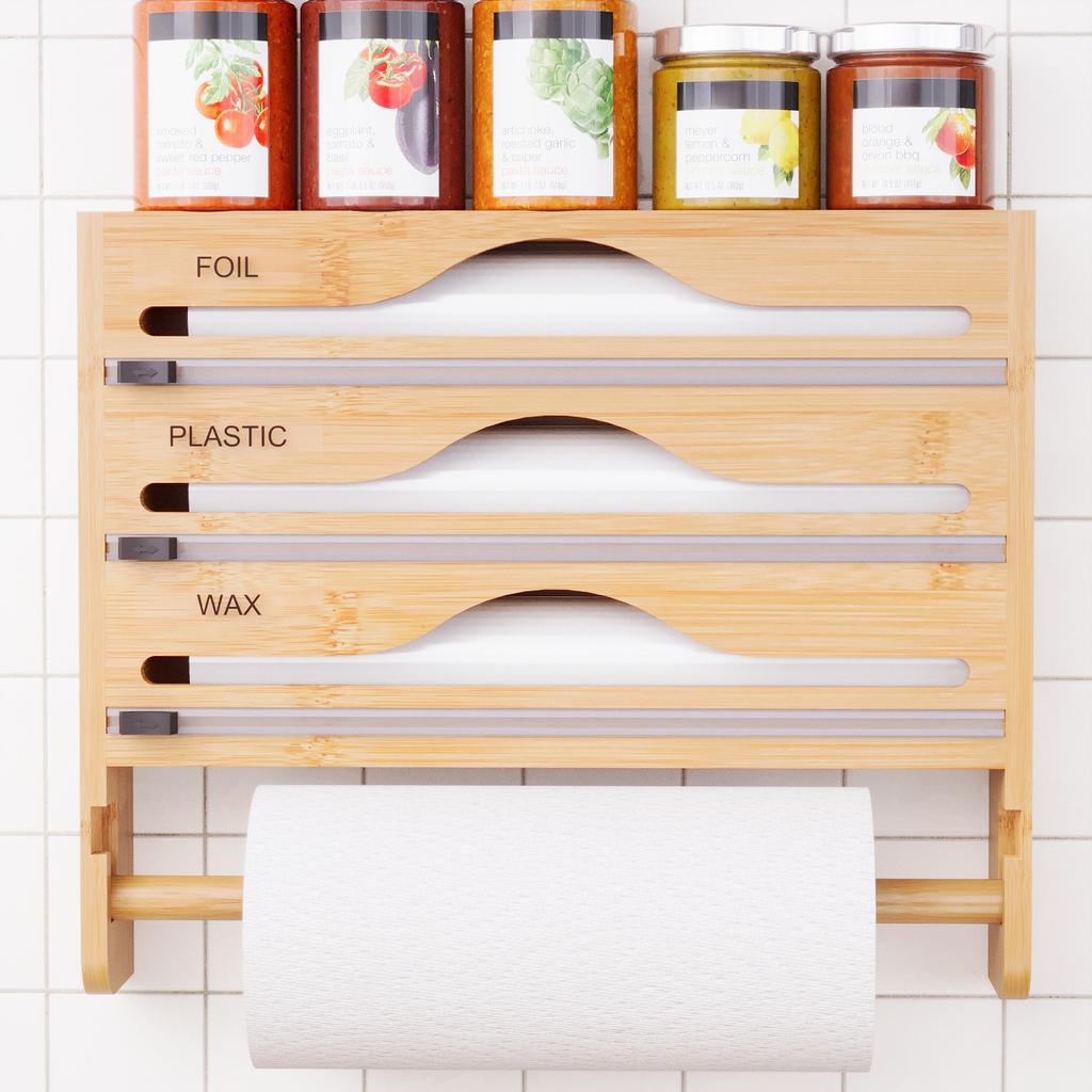 Bambus Fach Frischhaltefolie Alufolie Cutter Box Mit Küchenpapier Wandmontiert Papierhandtuch Küchenorganizer Zubehör