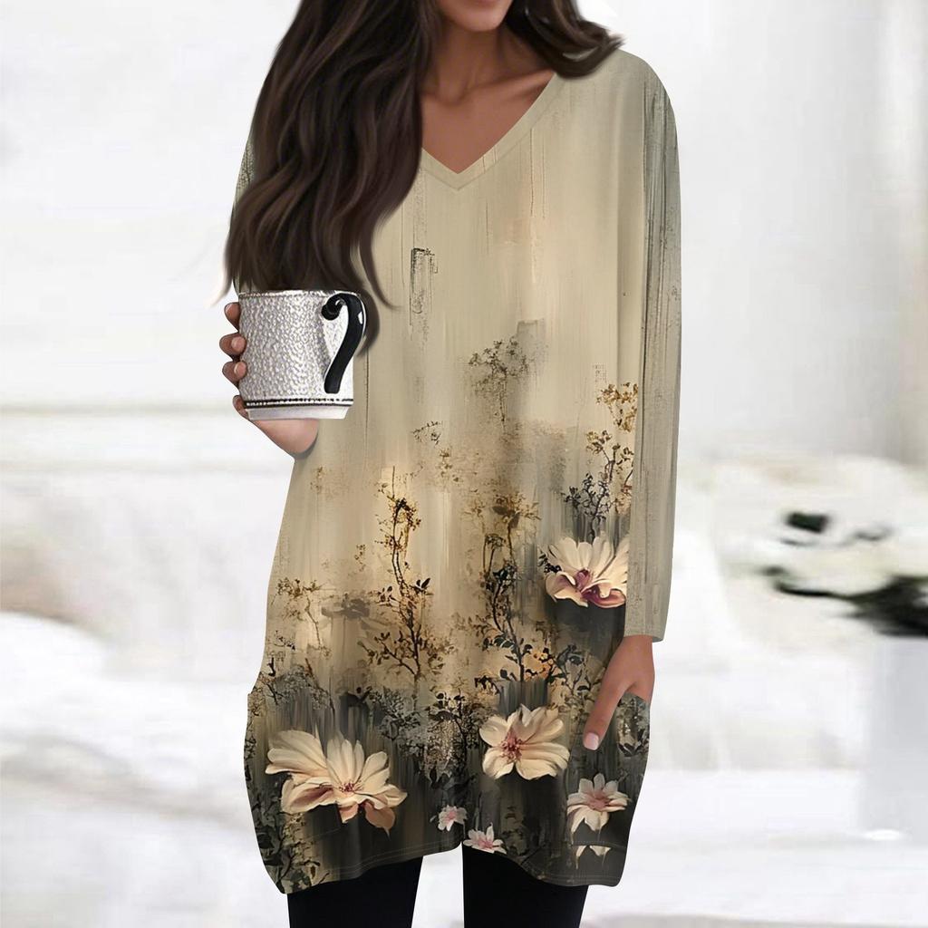 Damen Oberteile V-Ausschnitt Langarm Blusen Lässige Mittellange Hemden Mode Druck Tunika Oberteile Mit Taschen