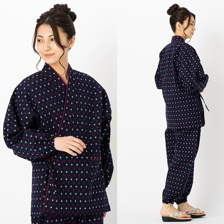 Watanosato Work Clothes for Kurume Dobby Hail Top and Bottom Japanese-made Women, Stylish, Weave, Women's, Weave, Pattern, Set, 5322-2 (cross Red, M)