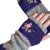 Women Autumn Winter Bird Embroidered Gloves Knit Fingerless Color Block Mitten