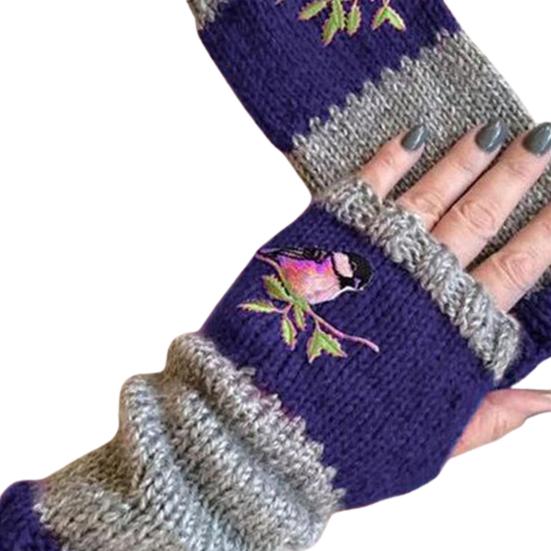 Women Autumn Winter Bird Embroidered Gloves Knit Fingerless Color Block Mitten