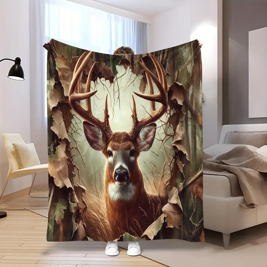 Cozy Forest Deer Print Flannel Throw Blanket - Soft, Warm & Versatile for Couch,, Office Chair, Outdoor Camping & Car Use - Perf