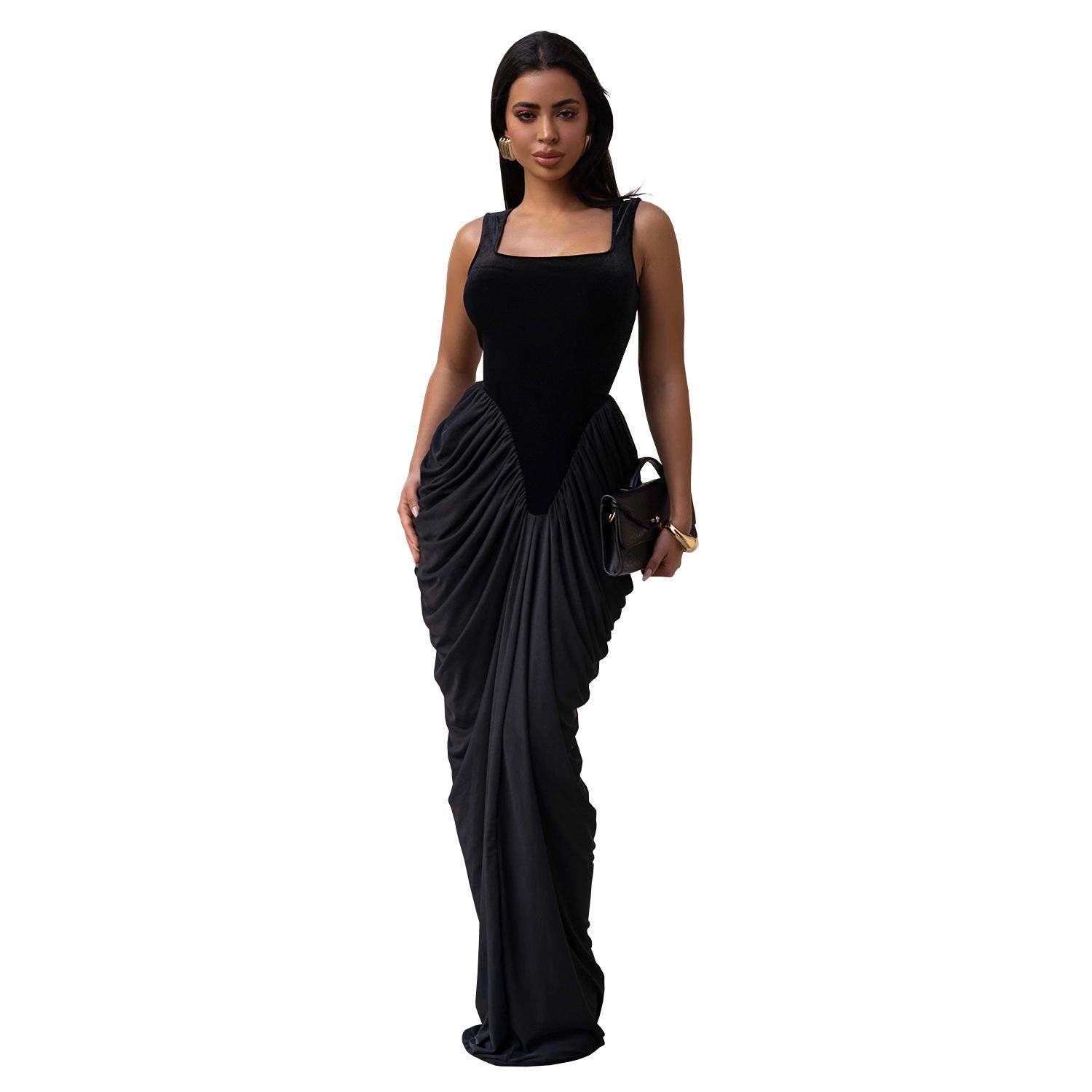 Women Square Neck Sleeveless Draped Maxi Dress Solid Color Elegant Evening Formal Dress S