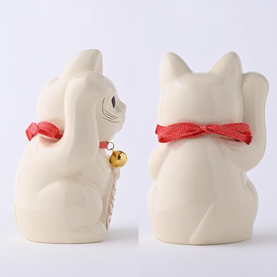 Gingado Maneki Neko (Large Size - 16cm) White Lacquer Finish_Right Hand Raised/Metal_Lucky Cat Manek