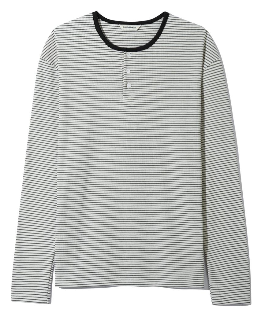 BASEMOMENT Striped Henley Neck Ribbed Tee Ivory