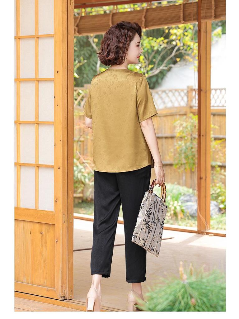 Summer 2025 Trendy Two-Piece Set for Middle-Aged Women - Stylish Short-Sleeved T-Shirt & Bottoms