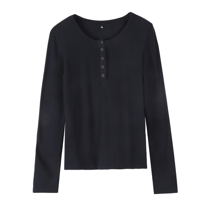 2025 Herbst/Winter Damen Henley-Kragen Schlankmachendes Gestricktes Langarm-T-Shirt
