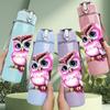 1PC Big Eye Pink Owl Bird Print 750ml Color Plastic Sports Water Bottle Leakproof Flip Straw Lid Suitable for Sports Office Home Use