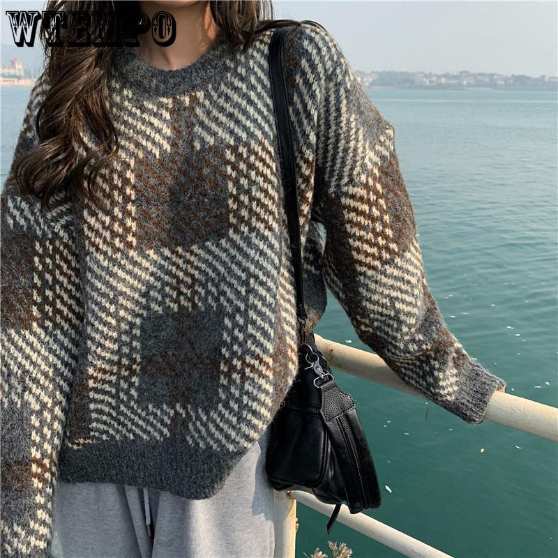 WTEMPO Soft Women's Autumn and Winter  New Plaid Retro Y2K Loose Lazy High-end Sense of Temperament Sweaters