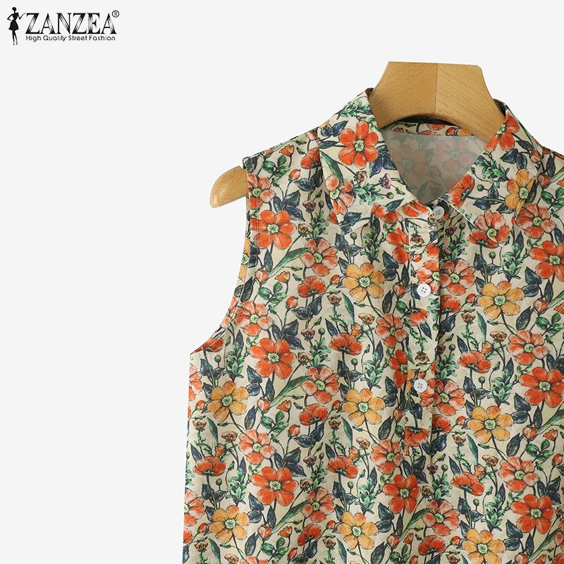 ZANZEA Women Casual Turn Down Collar Summer Floral Print Sleeveless Blouse