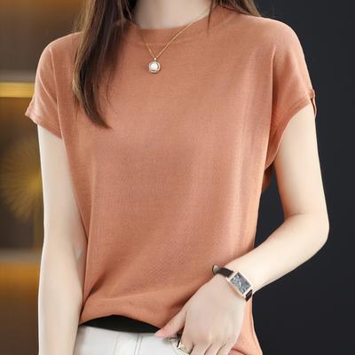 Mode Neues Kurzarm Slim Fit Freizeit-T-Shirt Damen Sommer Tops Rundhals Uni Elegant Strick T-Shirts Frau Schlicht Locker Damen T-Shirt 26041