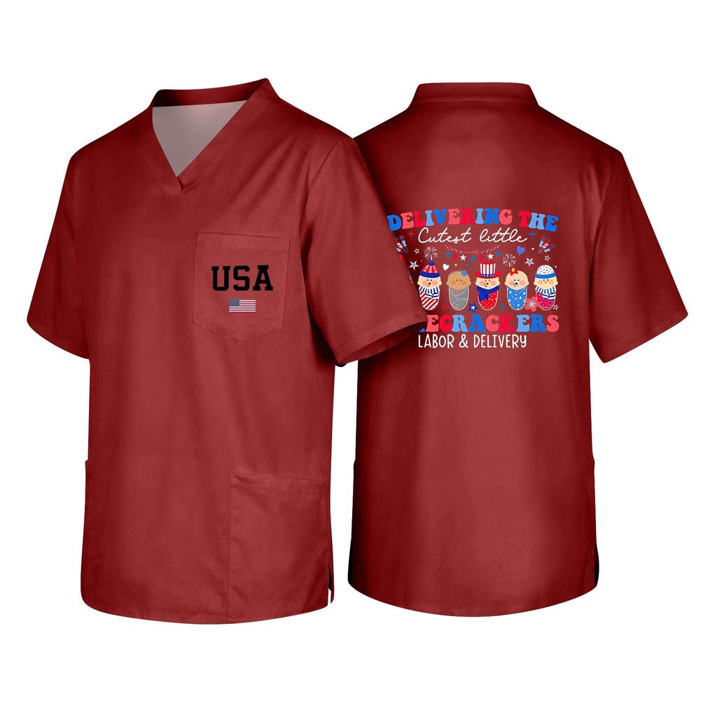 Men's V Neck Work Shirt Short Sleeve Pocket Top with USA Print Suitable for Healthcare and Labor Day Uniforms